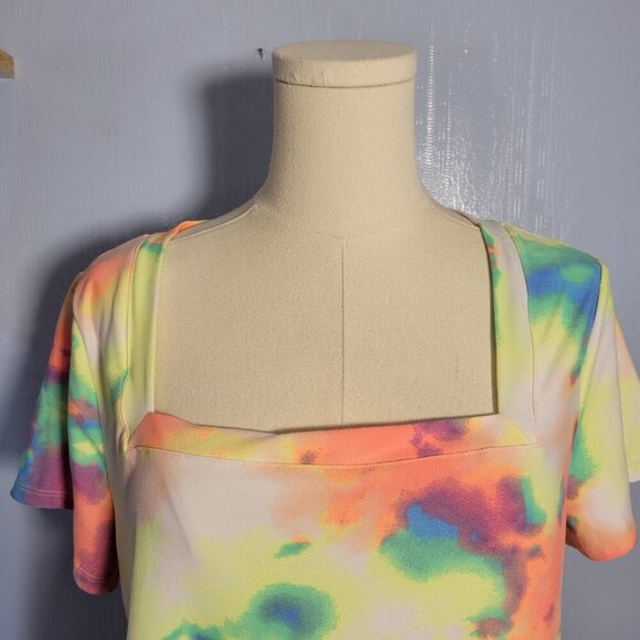 Eye Candy 1X Orange Green Bright Colorful Tie Dye Square Neck Shortsleeve Tee - Picture 2 of 9